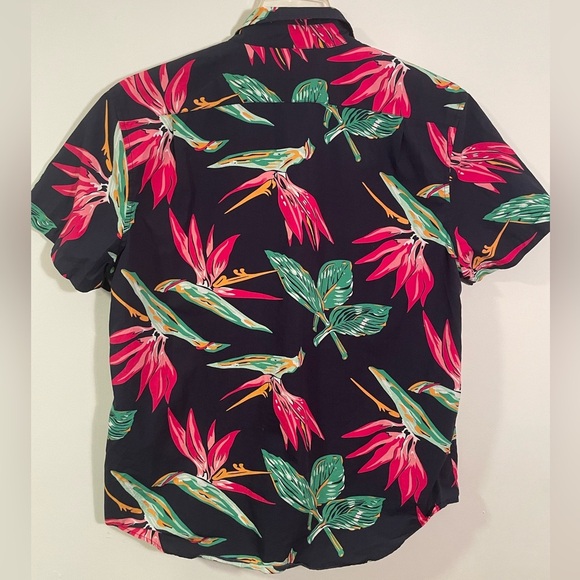 Bonobos Standard Fit Short Sleeve Navy with pink & Green tropical design Size XL - Picture 2 of 6